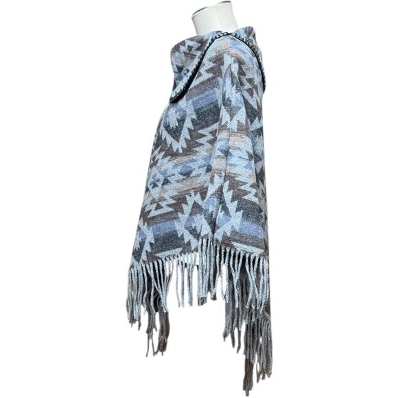 Aztec Print Poncho Fringe Tassel Gray Brown Blue Black OSFM - Picture 2 of 5